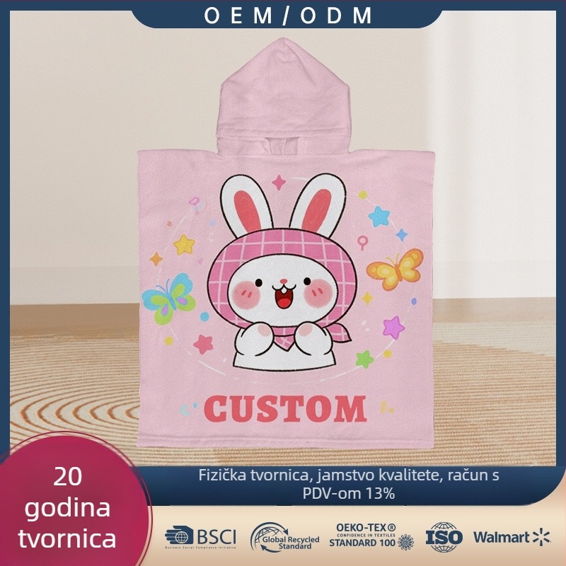 Mikrovlaknasti plažni ručnik s kapuljom i crtanim printom, upijajući, brzo se suši, prilagodljiv, certificirano ISO9001/GRS/OEKO/BSCI/FAMA