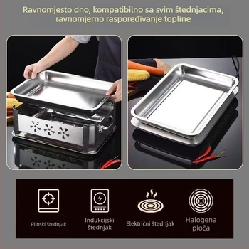Nehrđajući čelični četverokutni tanjur – svestran za roštilj, parenje i knedle; elektroplatiirana površina, moderni jednostavan stil