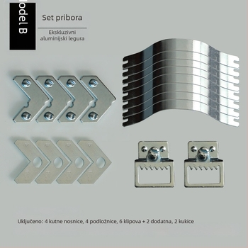 Set hardvera za aluminijsku okvirnu sliku — tračne trake, kuka i vijci; mehanička izrada, prilagodljivo, moderni minimalistički stil