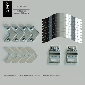 Set hardvera za aluminijsku okvirnu sliku — tračne trake, kuka i vijci; mehanička izrada, prilagodljivo, moderni minimalistički stil