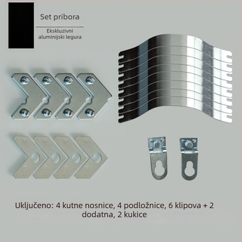 Set hardvera za aluminijsku okvirnu sliku — tračne trake, kuka i vijci; mehanička izrada, prilagodljivo, moderni minimalistički stil