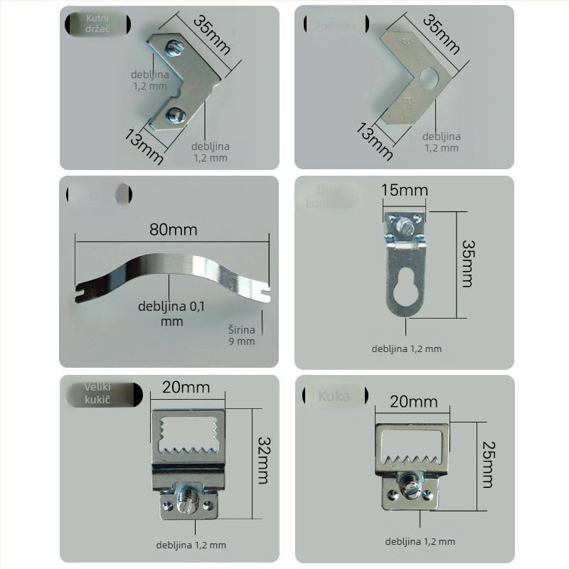 Set hardvera za aluminijsku okvirnu sliku — tračne trake, kuka i vijci; mehanička izrada, prilagodljivo, moderni minimalistički stil