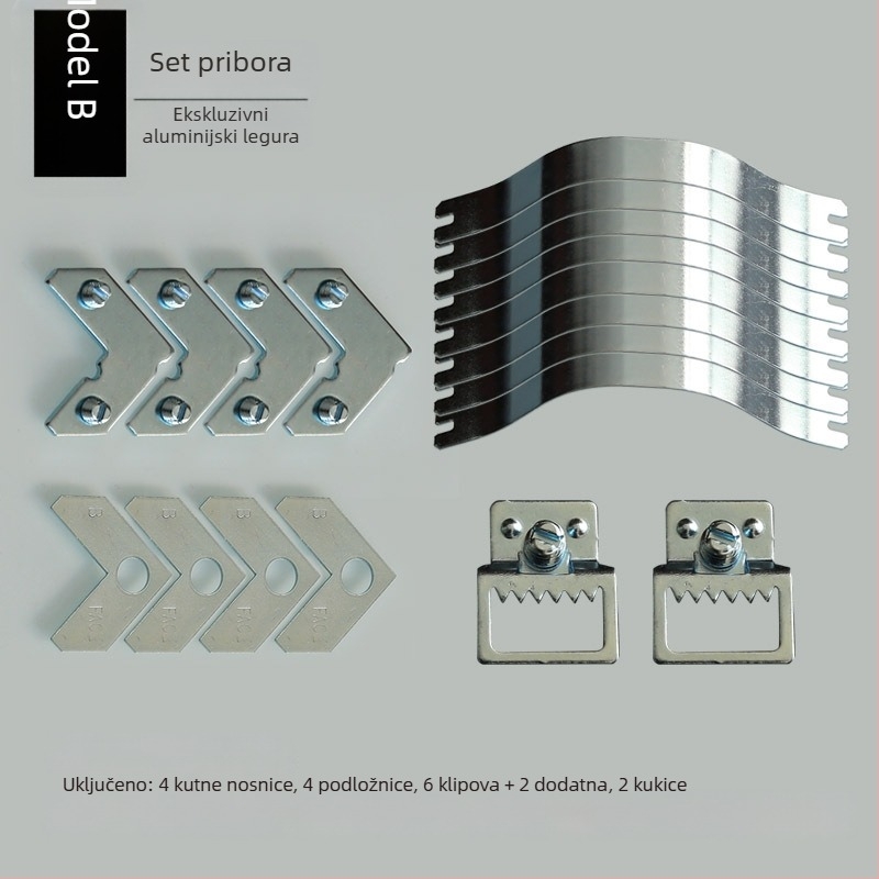 Set hardvera za aluminijsku okvirnu sliku — tračne trake, kuka i vijci; mehanička izrada, prilagodljivo, moderni minimalistički stil