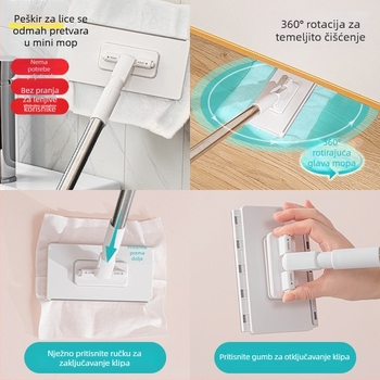 Ploški mop za pod – mikrovlaknena krpa, plastična ručka, nosivost 10 kg, postotak sušenja 90–100%, jednostruki pogon