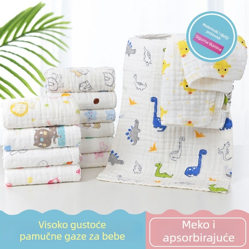 Šesteroslojna gusta pamučna gaze kvadratni ručnik za lice, mekan i upijajući, otisnut; Materijal: 100% pamuk; Pređa: 40; Težina: 50–80 g; Proizvodni proces: otisak; Mogućnost prilagodbe.