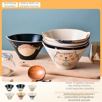 Porcelanski zdjel za rezance, japanskog stila s dvostrukim držačima, nepravilnog oblika, podglazirana završna obrada, pogodna za mikrovalnu pećnicu