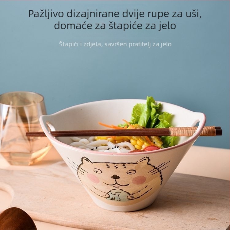 Porcelanski zdjel za rezance, japanskog stila s dvostrukim držačima, nepravilnog oblika, podglazirana završna obrada, pogodna za mikrovalnu pećnicu