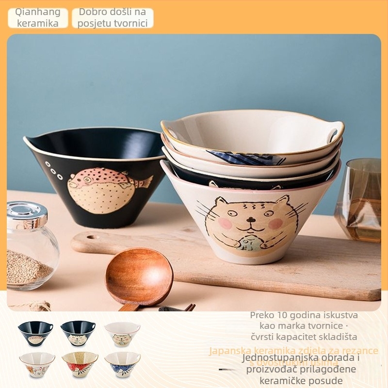 Porcelanski zdjel za rezance, japanskog stila s dvostrukim držačima, nepravilnog oblika, podglazirana završna obrada, pogodna za mikrovalnu pećnicu