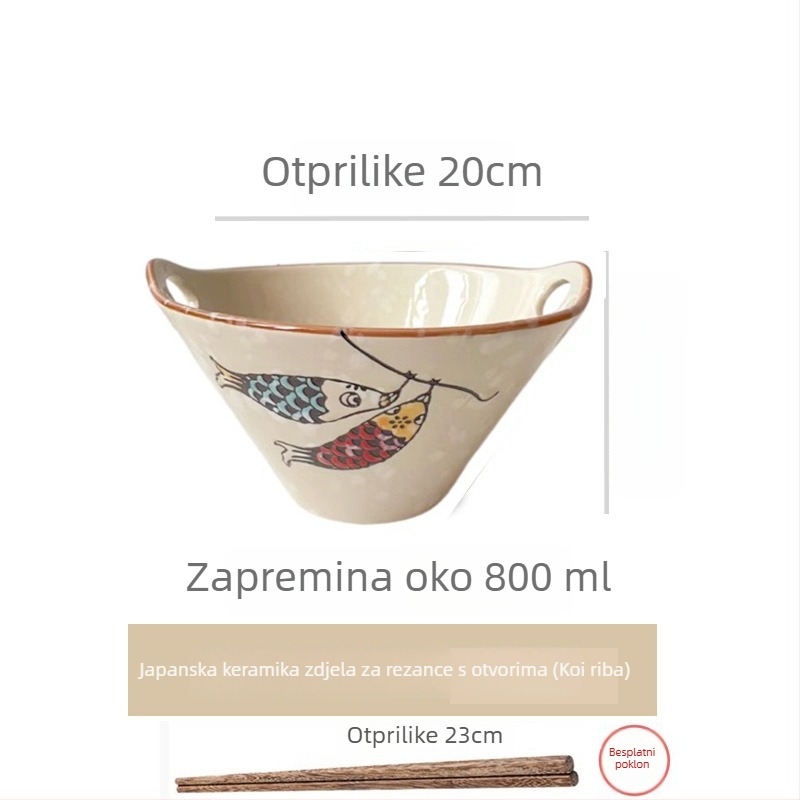 Porcelanski zdjel za rezance, japanskog stila s dvostrukim držačima, nepravilnog oblika, podglazirana završna obrada, pogodna za mikrovalnu pećnicu