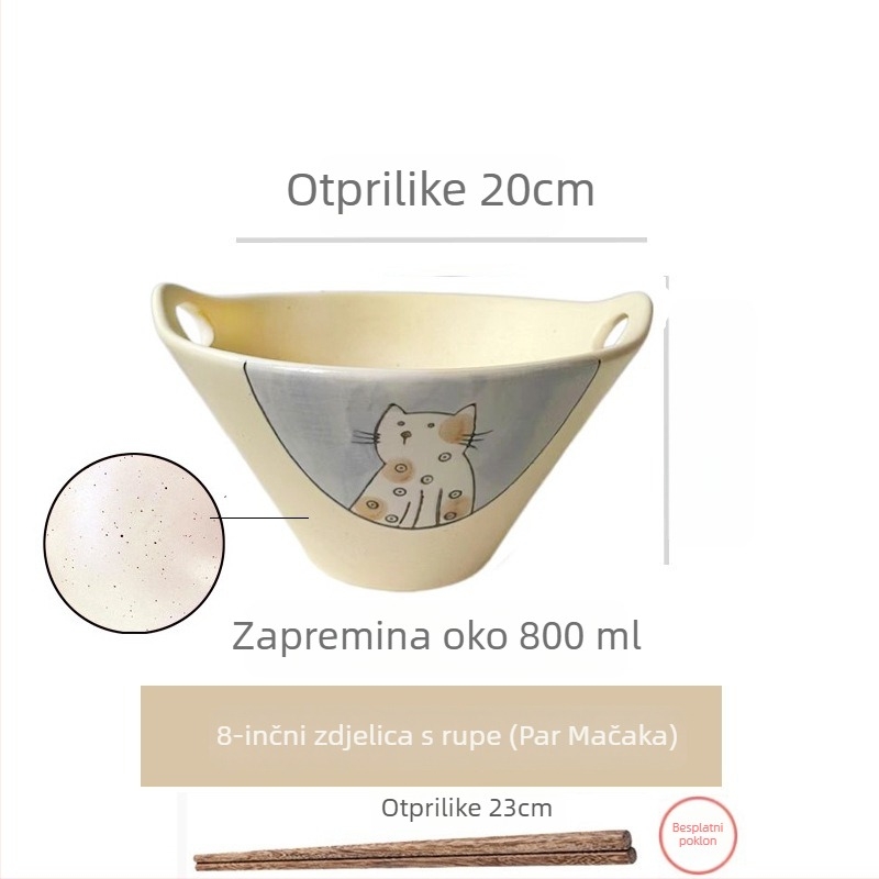 Porcelanski zdjel za rezance, japanskog stila s dvostrukim držačima, nepravilnog oblika, podglazirana završna obrada, pogodna za mikrovalnu pećnicu