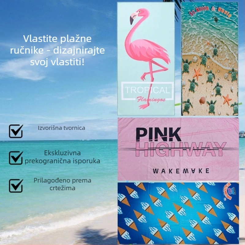 Microfiber plažni ručnik, 32 vlakana, rezani velur završna površina, 250 g/m², upijanje 11–15 s