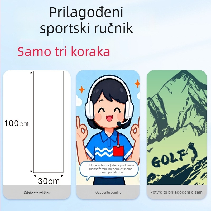 Sportski ručnik, prilagodljiv logotipu, mikrovlakno 430gsm, jednostruko vlakno, brzo suši (Materijal: Mikrovlakno; Apsorpcija: 5–10 s; Težina: 430gsm; Vlakna: Jednostruko vlakno; Proizvodnja: vezenje, šivanje i tisak)