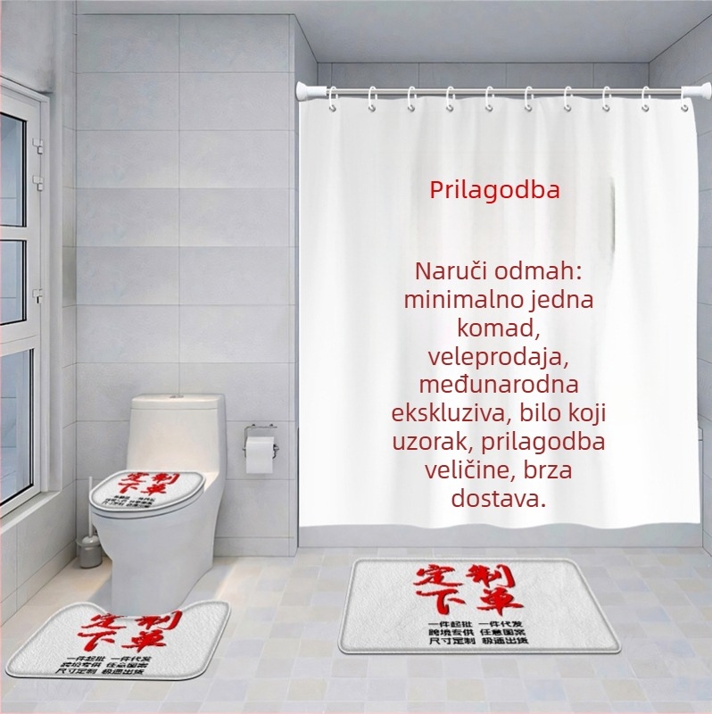 Cetverodijelni set za kupaonicu od poliestera: zavjesa za tuširanje, prostirka za tuš, prostirka za kupaonicu i U-oblik prostirka za WC – moderan minimalistički stil, prilagodljiv uzorak
