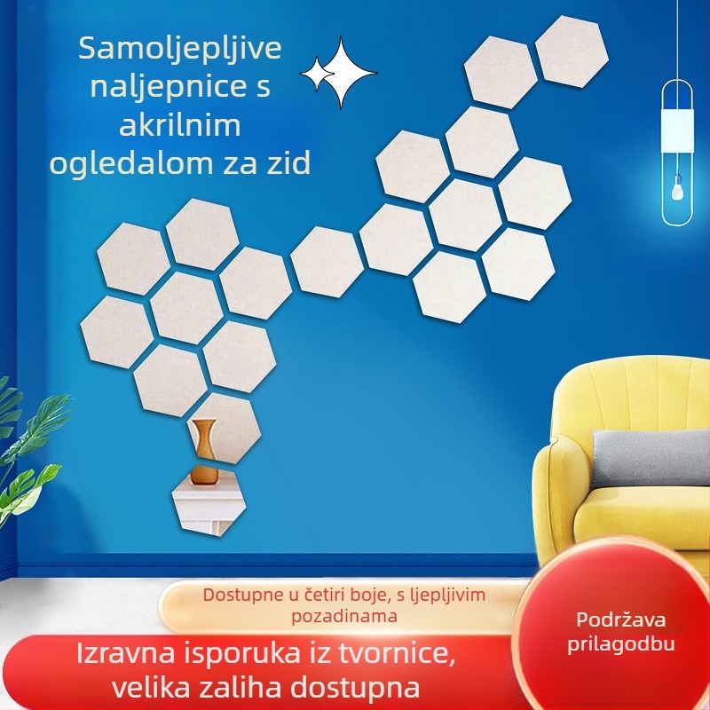 Šesterokutne akrilne ogledne zidne naljepnice – samoljepljivi DIY set za dnevni boravak, spavaću sobu i ulaz – kombinacijski tip 3D zidna dekoracija