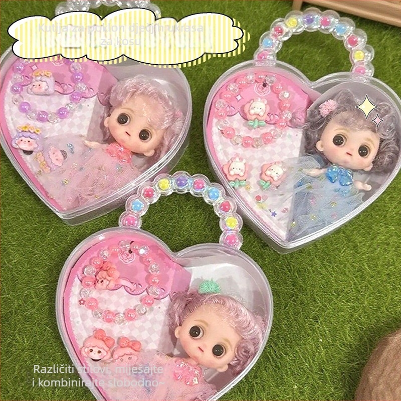 Dječji set nakita s temom princeze: ogrlica, kopča za kosu, diadem/čelenka, gumica za kosu, narukvica, prsten, naušnice, češalj, ogledalo; crtani stil; plastika/smola; završni premaz boje; dobna skupina 0-3, 3-6, 6-10 godina