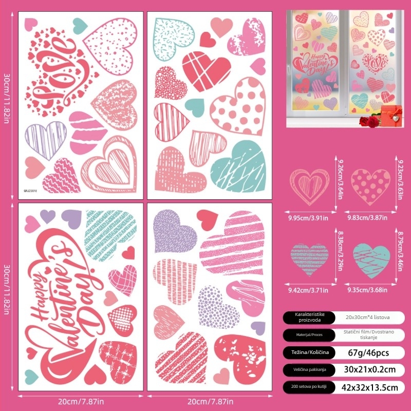 Srcolike PVC naljepnice za zid – 4 komada, dekorativne zidne naljepnice, stil ogledalo (PVC; Heart shape; 4 pieces; Decorative wall stickers; Mirror)