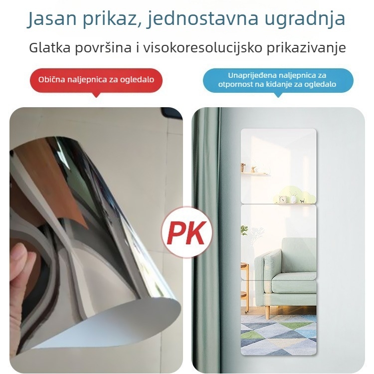 Akrilno samoljepljivo zidno ogledalo — jednostavan stil, HD odraz, pogodno za dnevni boravak, spavaću sobu, radnu sobu, kupaonu, ulaz i poslovne prostore