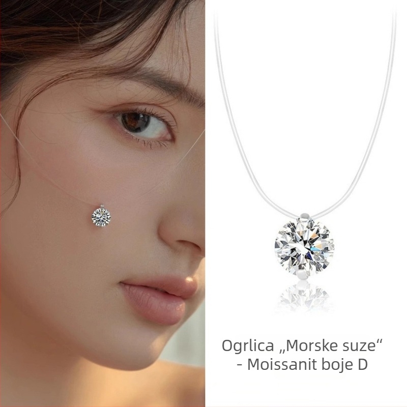 Ogrlica 'Suze morske sirene' s cirkonom i moissanitom, srebro 925, nevidljiva konacna montaža, duljina do ključne kosti, lagani luksuz za žene