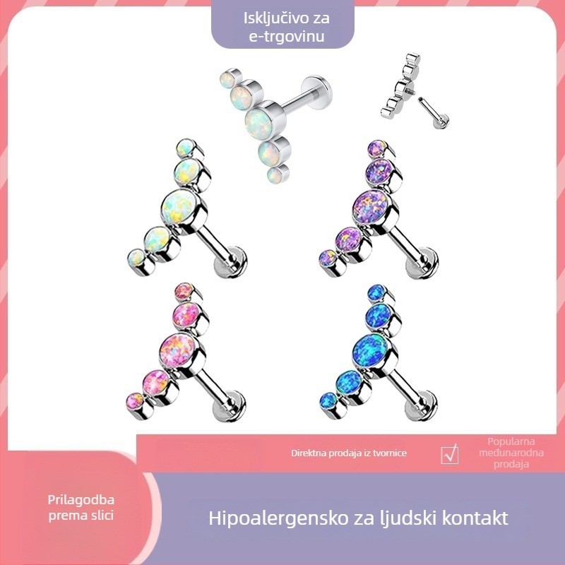 G23 titan lip stud s 5 redova opalnih kristala, zakrivljeni hrskavični piercing, postavljeno dijamantima