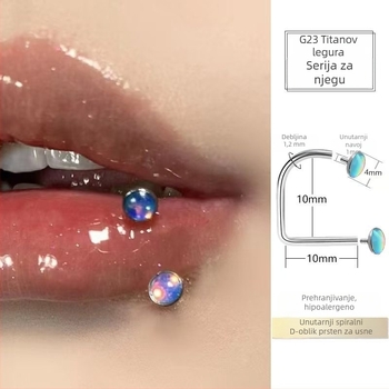 Lip štift s unutarnjim navojem od titanijske legure, D-prsten i oštr konus, 5A cirkon, dijamantna obrada