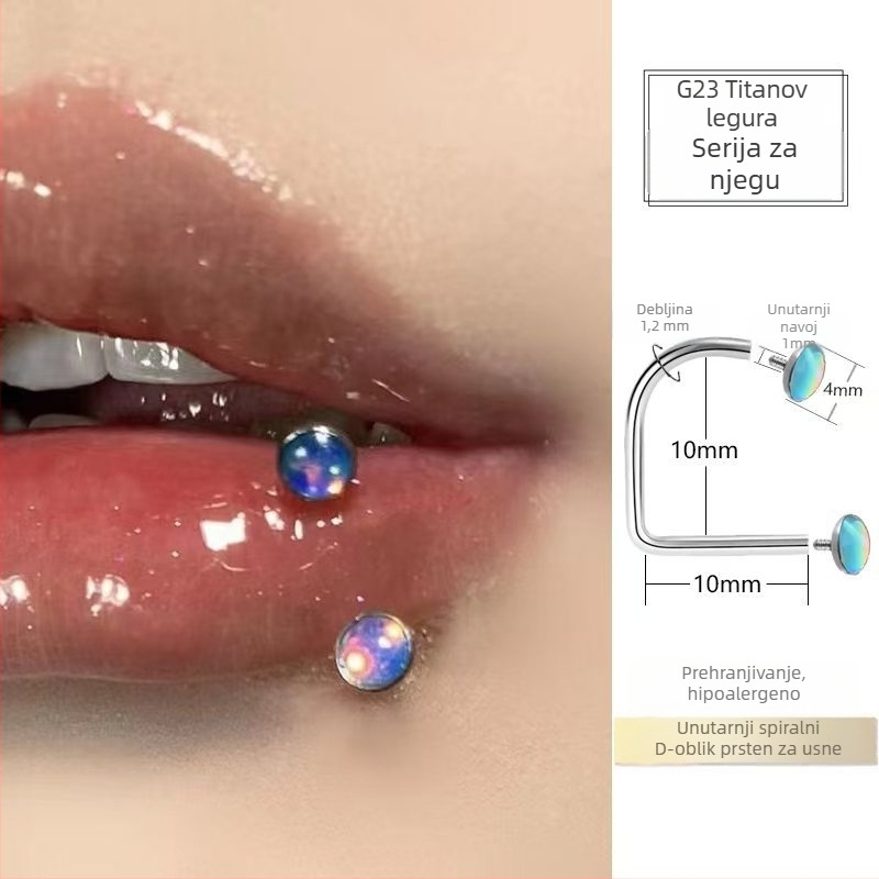 Lip štift s unutarnjim navojem od titanijske legure, D-prsten i oštr konus, 5A cirkon, dijamantna obrada