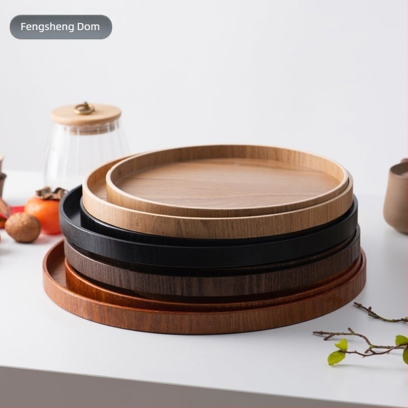 Drveni okrugli tanjur, japanski stil, jednobojni uzorak, s logotipom