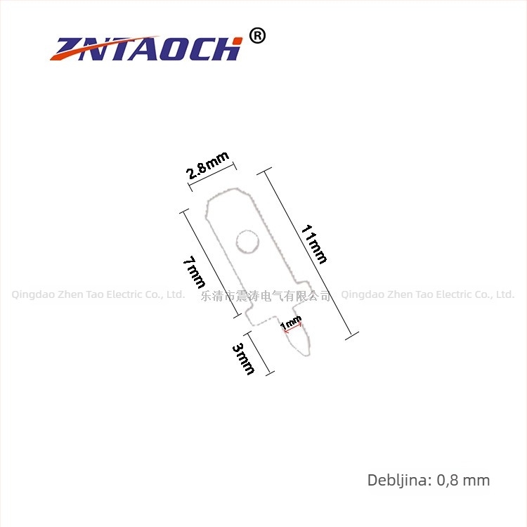 2,8 mm PCB jednostrani kratka priključna igla, uspravni lemni dio, debljina 0,8 mm, 10 000 komada