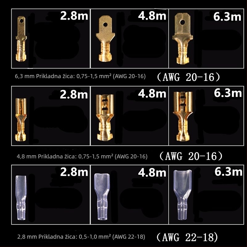480 komada zlatno-krimp terminala, muški i ženski, tip noža, 2.8/4.8/6.3 mm, u kutiji