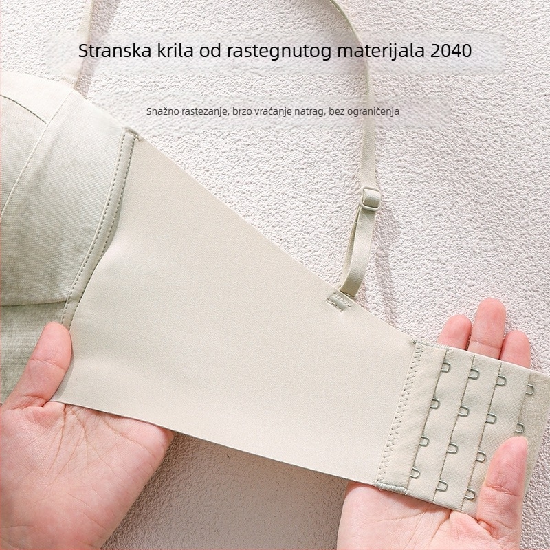 Bešavni bežični grudnjak za žene, bočno skupljanje dojki, protiv opuštanja, bandeau stil, puna košarica, najlon s podstavom od spandexa 30–50%, fiksne naramenice, stražnje kopčanje s četiri reda kuki