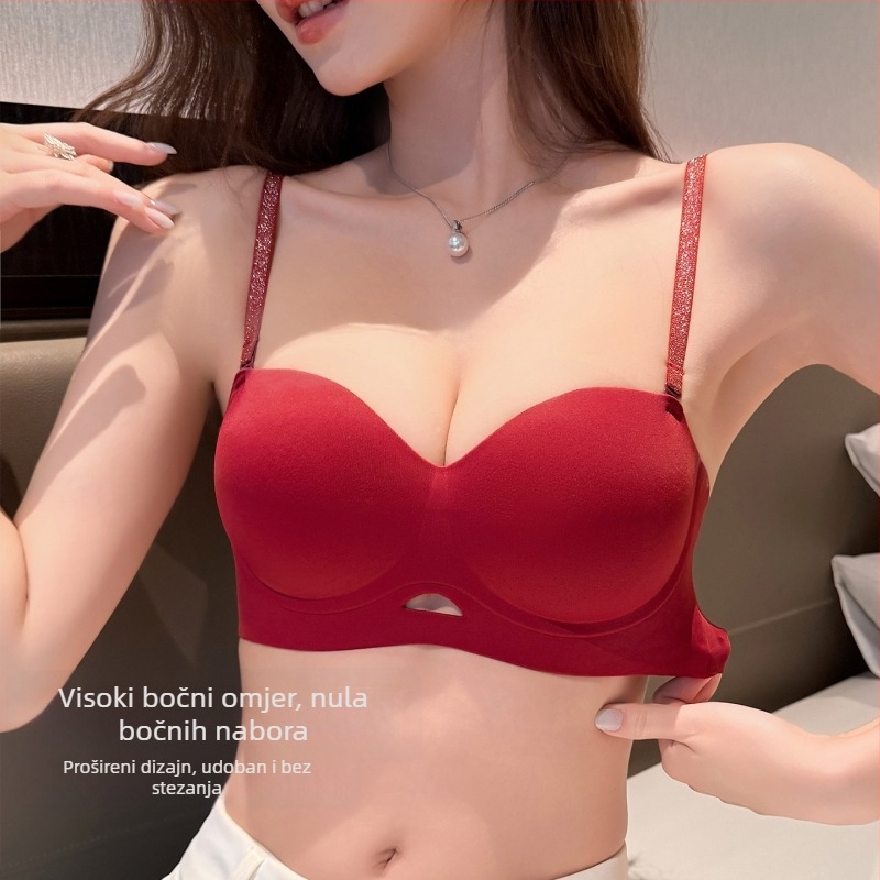 Bezšivno donje rublje za podizanje za male grudi, 1/2 košarice, tanak gornji dio i deblji donji dio, fiksne naramenice, stražnji zatvarač s četiri reda kukica i očiju, najlon s podstavom 70–80% poliestera