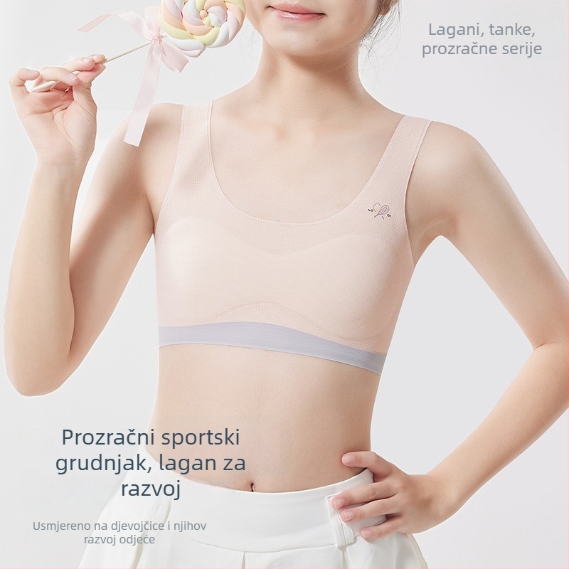 Gornji dio trening gaćica za djevojčice dobi od 9 do 13 godina, najlonska tkanina s podstavom od spandexa, puni košarice s tankim oblikovanim spužvicama, fiksirani dvostruki naramenice, prozračno i upija znoj.