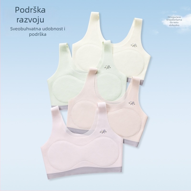 Gornji dio trening gaćica za djevojčice dobi od 9 do 13 godina, najlonska tkanina s podstavom od spandexa, puni košarice s tankim oblikovanim spužvicama, fiksirani dvostruki naramenice, prozračno i upija znoj.