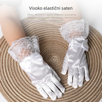 Dječje rukavice s mašnicom za vjenčanja i nastupe – čipkasti rub, satenski završetak, prstne rukavice, dekorativne, za djevojčice 4–12 godina.