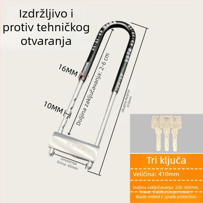 Željezni U-oblik brave za staklena vrata vitrina, dvostruka vrata, mortise tip brave, protiv krađe, produženi oblik U