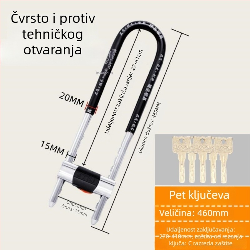 Željezni U-oblik brave za staklena vrata vitrina, dvostruka vrata, mortise tip brave, protiv krađe, produženi oblik U