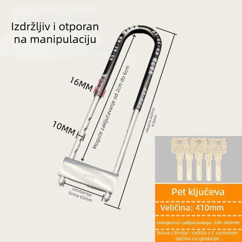 Željezni U-oblik brave za staklena vrata vitrina, dvostruka vrata, mortise tip brave, protiv krađe, produženi oblik U
