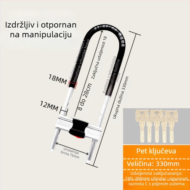 Željezni U-oblik brave za staklena vrata vitrina, dvostruka vrata, mortise tip brave, protiv krađe, produženi oblik U