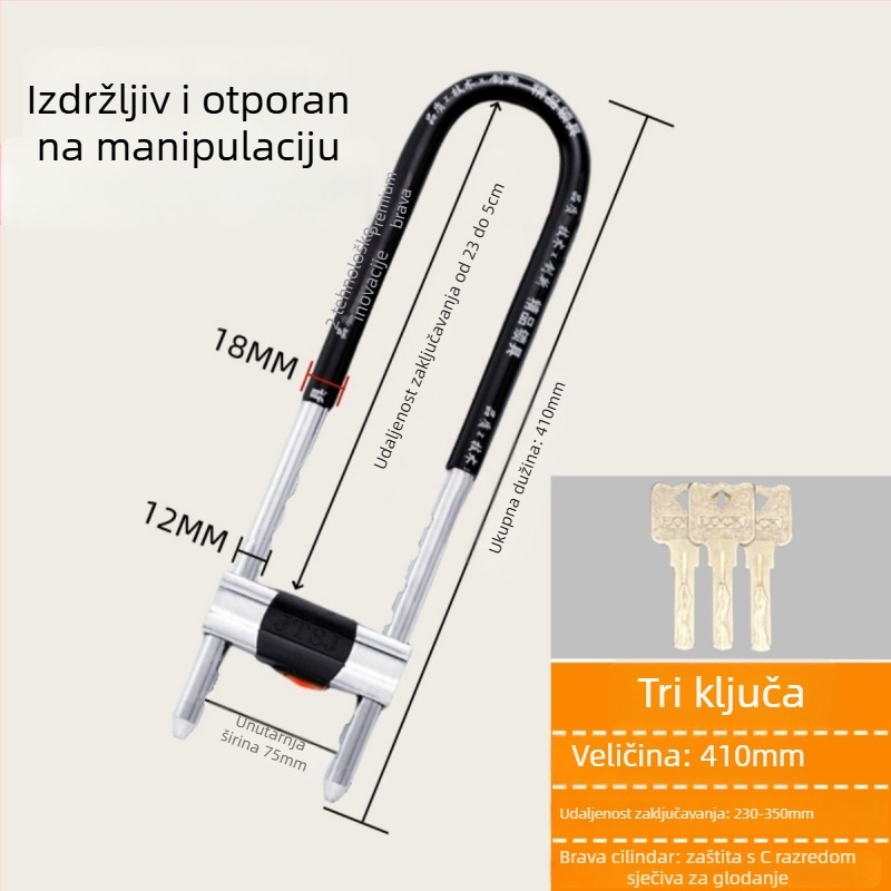 Željezni U-oblik brave za staklena vrata vitrina, dvostruka vrata, mortise tip brave, protiv krađe, produženi oblik U