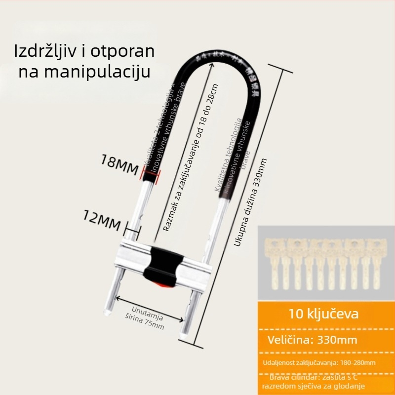 Željezni U-oblik brave za staklena vrata vitrina, dvostruka vrata, mortise tip brave, protiv krađe, produženi oblik U