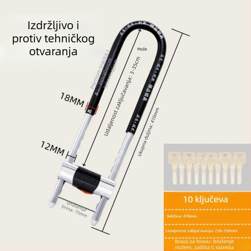 Željezni U-oblik brave za staklena vrata vitrina, dvostruka vrata, mortise tip brave, protiv krađe, produženi oblik U