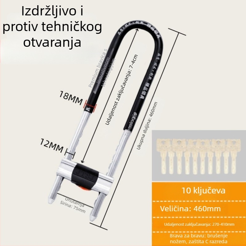 Željezni U-oblik brave za staklena vrata vitrina, dvostruka vrata, mortise tip brave, protiv krađe, produženi oblik U