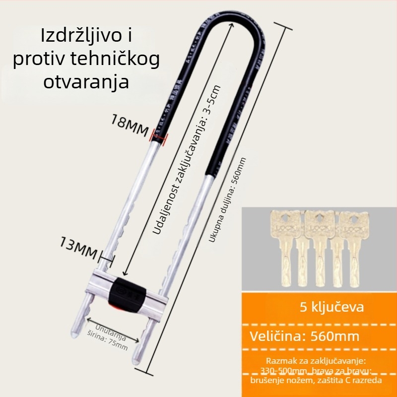 Željezni U-oblik brave za staklena vrata vitrina, dvostruka vrata, mortise tip brave, protiv krađe, produženi oblik U