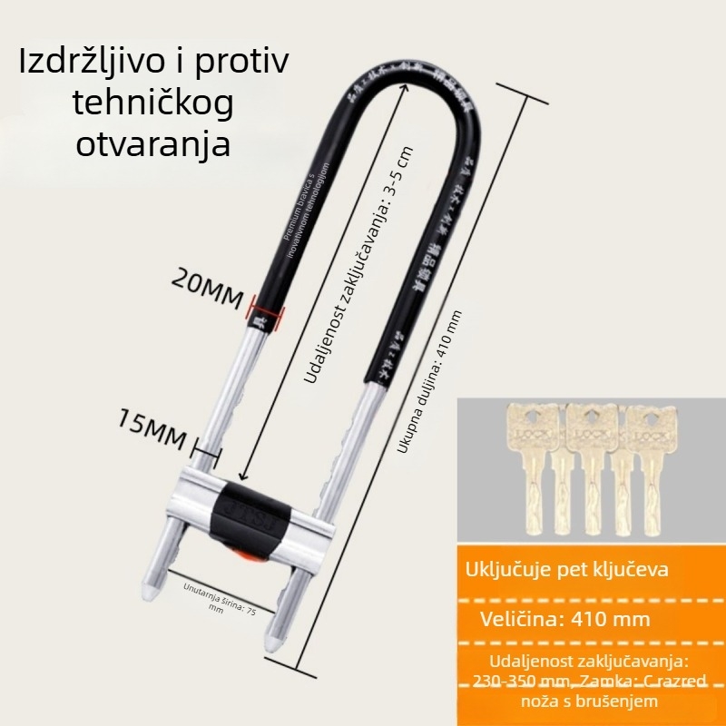 Željezni U-oblik brave za staklena vrata vitrina, dvostruka vrata, mortise tip brave, protiv krađe, produženi oblik U