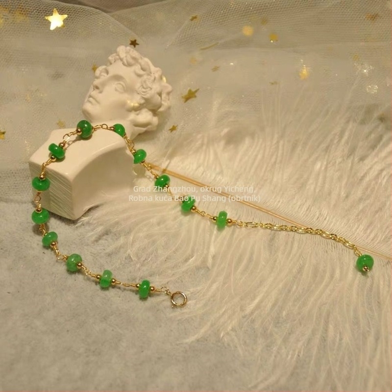Narukvica od zelenog jadeita s perlicama i sigurnosnom kopčom, 14K pozlaćena, retro stil