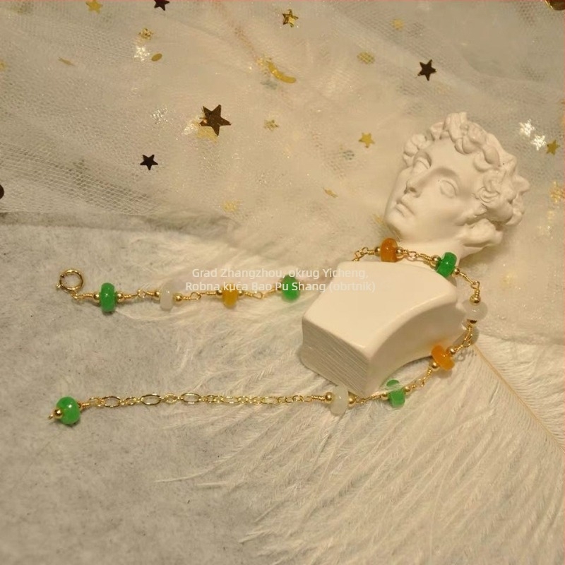 Narukvica od zelenog jadeita s perlicama i sigurnosnom kopčom, 14K pozlaćena, retro stil