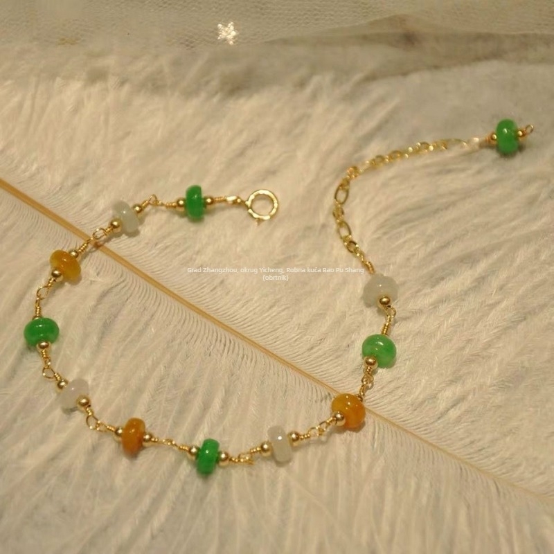 Narukvica od zelenog jadeita s perlicama i sigurnosnom kopčom, 14K pozlaćena, retro stil