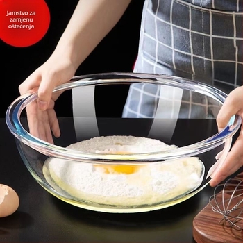Staklena zdjela za miješanje – otporna na visoke temperature, mikrovalna sigurna, okrugla, moderan minimalistički dizajn; pogodna za mijesanje tijesta, fermentaciju i pečenje