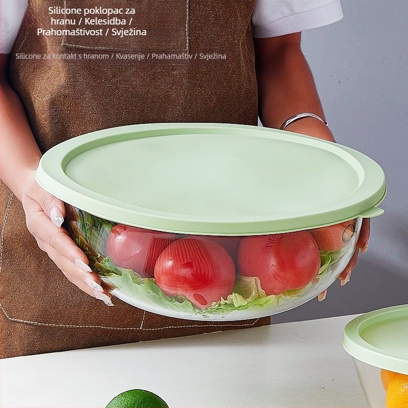 Staklena zdjela za miješanje – otporna na visoke temperature, mikrovalna sigurna, okrugla, moderan minimalistički dizajn; pogodna za mijesanje tijesta, fermentaciju i pečenje