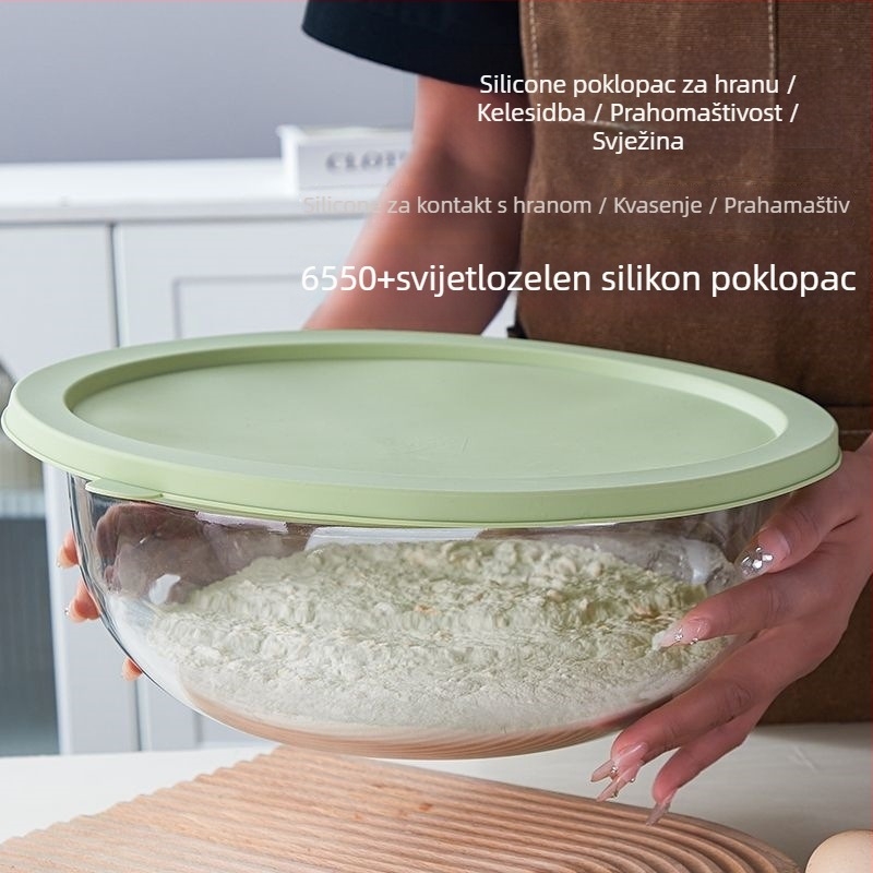 Staklena zdjela za miješanje – otporna na visoke temperature, mikrovalna sigurna, okrugla, moderan minimalistički dizajn; pogodna za mijesanje tijesta, fermentaciju i pečenje