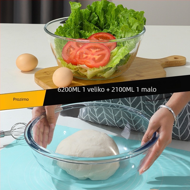 Staklena zdjela za miješanje – otporna na visoke temperature, mikrovalna sigurna, okrugla, moderan minimalistički dizajn; pogodna za mijesanje tijesta, fermentaciju i pečenje